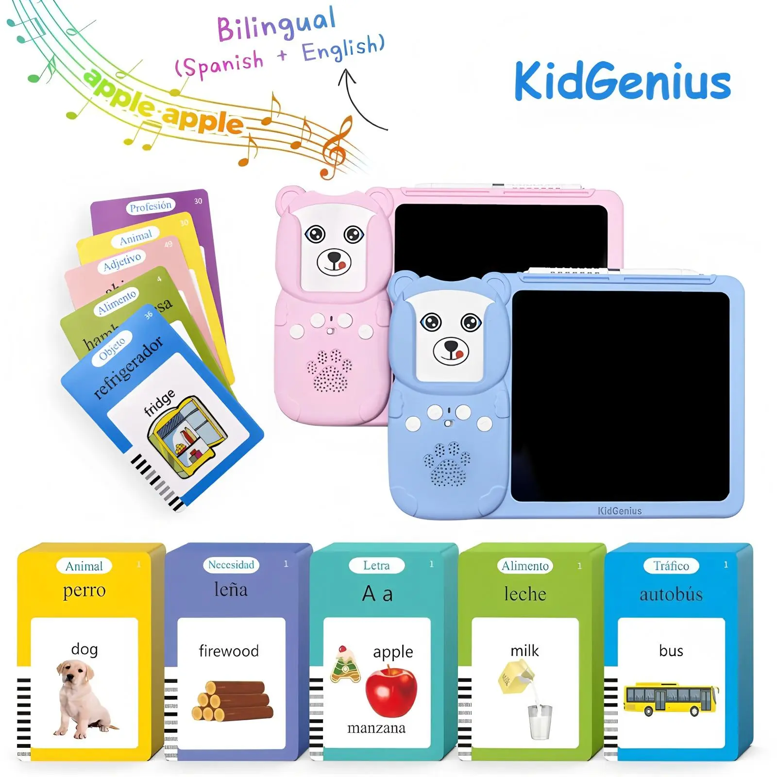 KIDGENIUS Bilingual English-Spanish Talking Flash Cards Reader with LCD Writing Tablet, Plastic Kids Toy, Rechargeable Battery-Powered Educational Sight Word Machine, Back-to-School Gift for Toddlers (Batteries Included), Car, Kids Toys