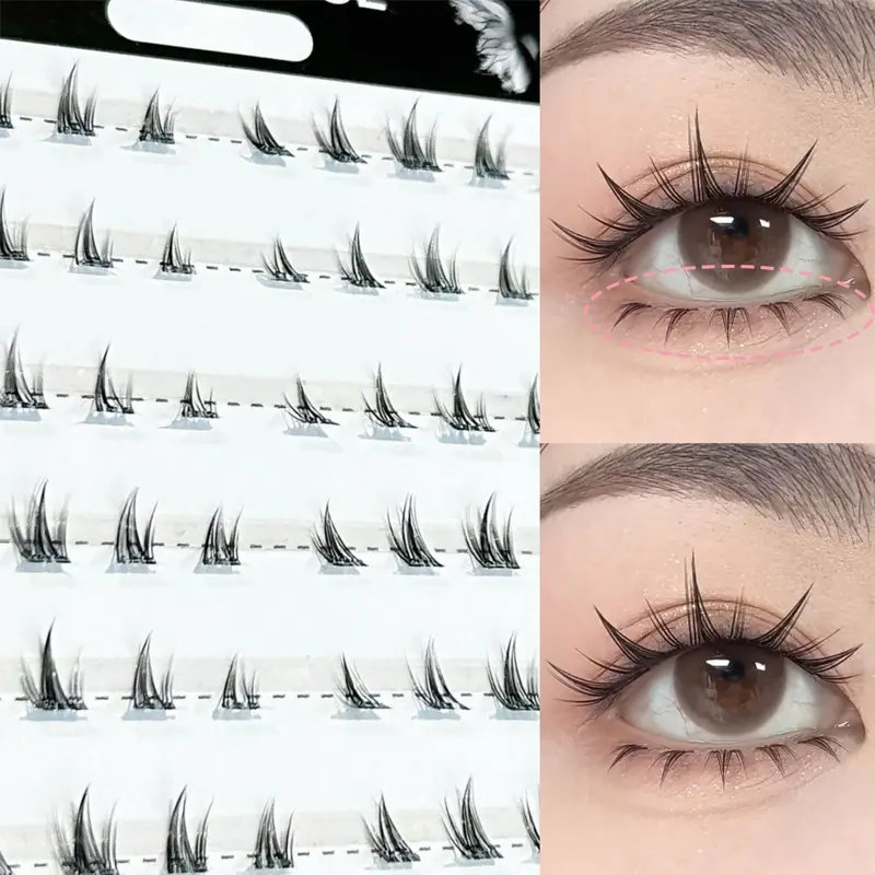 Thick Anime Style Cartoon Eyes, Volume False Eyelashes, Volumized false eyelashes, Glue-free Upper Eyelashes 60 Clusters + Lower Eyelashes 60 Clusters, Eyelash Extensions, Volume Individual Lashes with Adhesive Strip Clusters, Diy Cluster Lashes