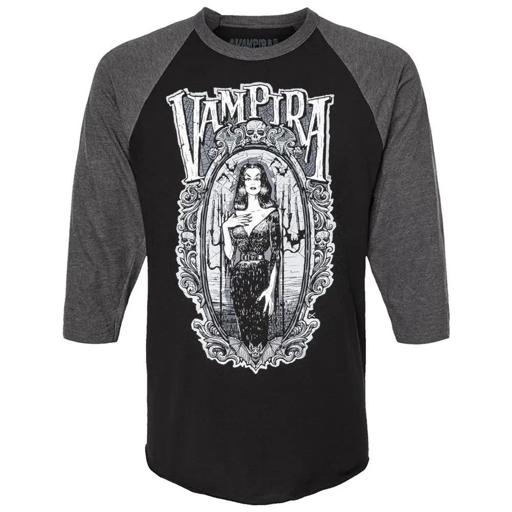 Vampira Gorey Frame Long Sleeve Raglan Tee Black Grey Shirt for Men