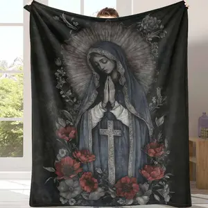 Religious Icon Flannel Blanket Sacred Cross and Floral Print Soft Warm Cozy Durable for Home Decor Prayer Room Church Gift Ceremony