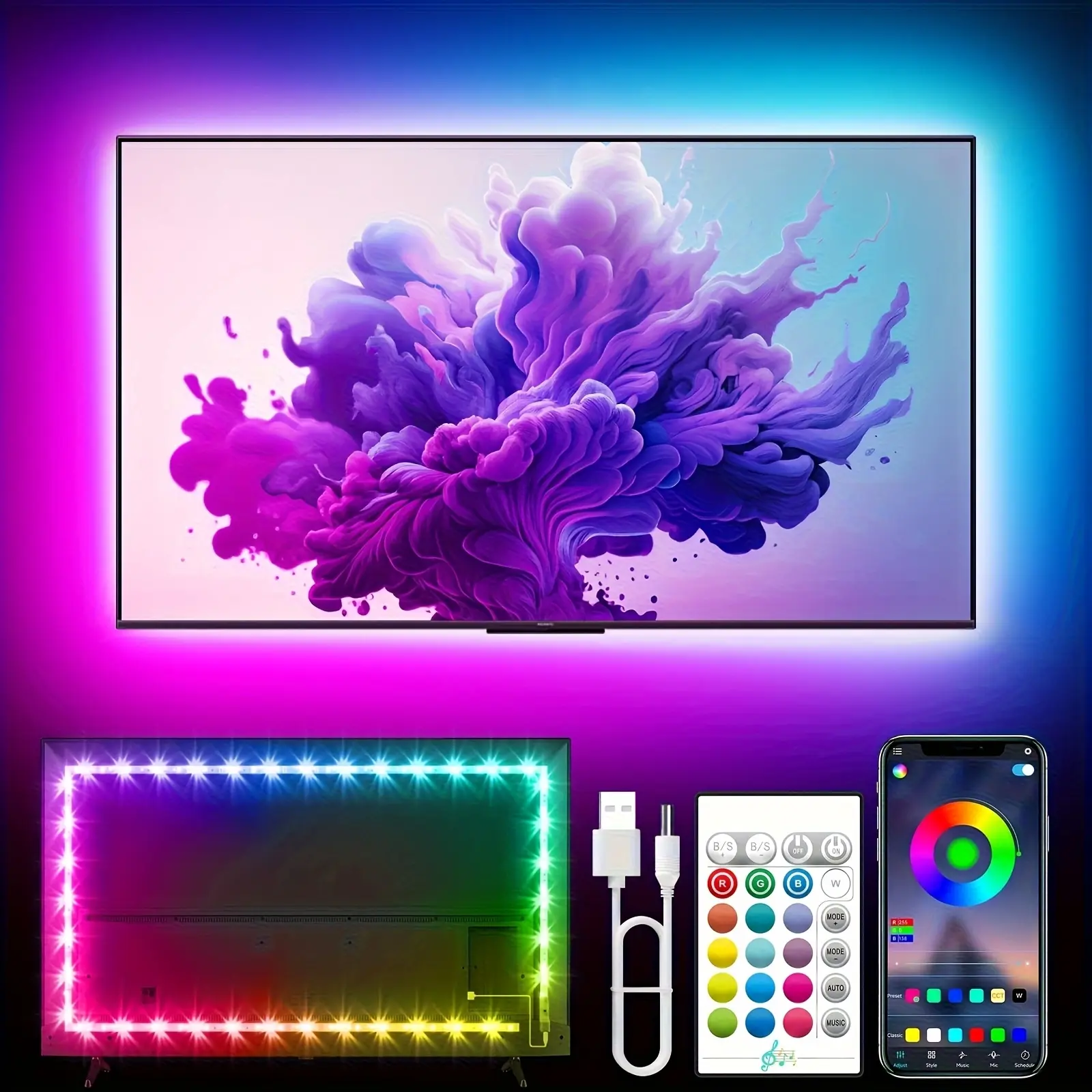 [TYUTE] RGB LED TV Backlights, 9.84FT(3M) Color Changing Bluetooth APP Music Sync Ambient Lighting for 32-65 Inch TV, Halloween, Game Room, Study Use