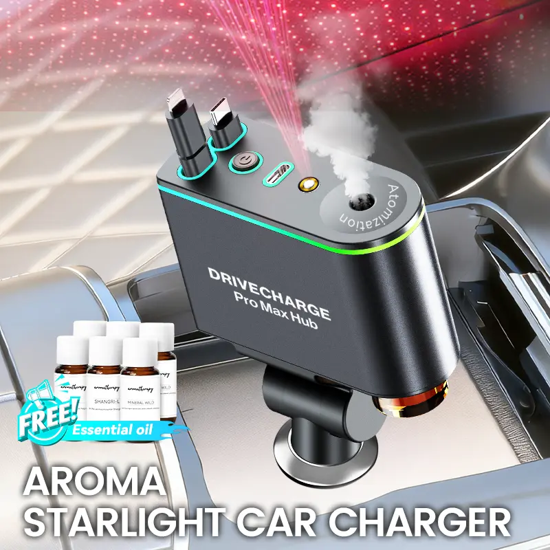 2026 6-in-1 Smart Car Charger Aroma Diffuser Gift Set - Starlight USB Charger, Auto-Sensing Fast Charge, Retractable Cable, 3 Signature Scents, Type-C/Lightning Compatibility, Ultimate Car Upgrade for Men