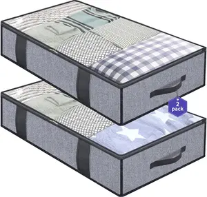 Set of 2 Foldable Underbed Storage Bags – Linen-Like Grey  for Blankets, Clothes, and Comforters Organiser