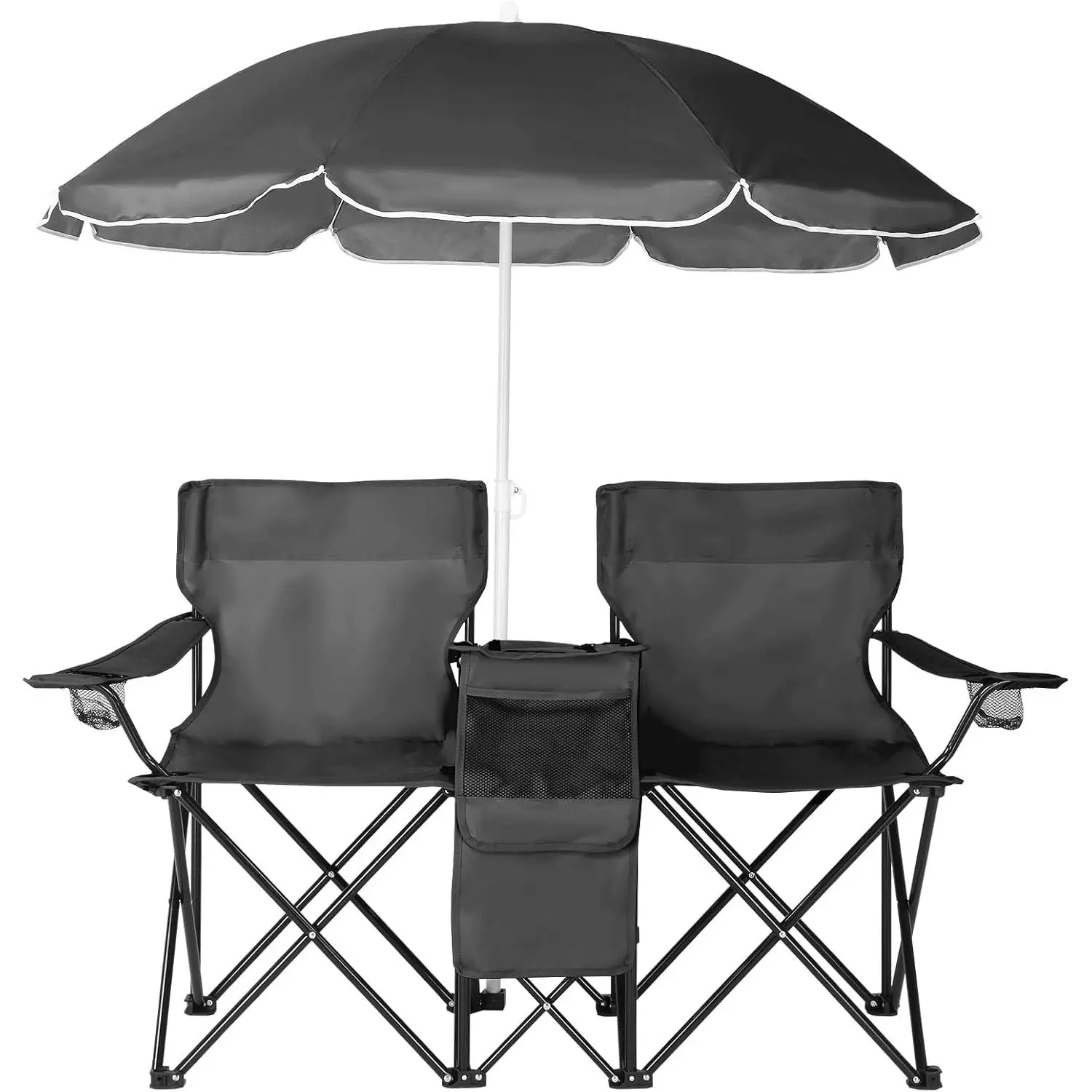 Double Camping Chair with Umbrella, Folding Loveseat Chairs w/Canopy Shade, Carrying Bag, Table, Cup Holder, Portable Beach Chairs Outdoor Picnic Patio (Black)