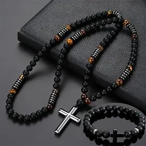 Retro Tiger Eye Stone Bead Design Necklace & Bracelet Set for Men Fashionable Full Set Exquisite Jewelry Gift Triple Protection Religious Jewelry for Anxiety Relief