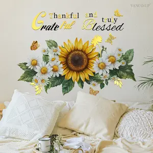 A set (30*60cm*2pcs) of new gold stamping process sunflower and daisy floral English spring and summer decorative wall stickers, living room and bedroom decoration background art wall stickers, TJ19001, Wall Decal, Interior Wall Decor