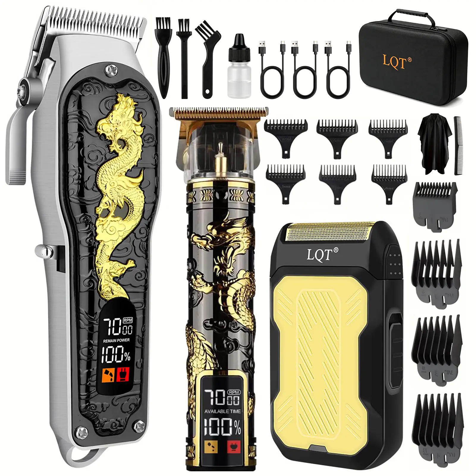 LQT Dragon Engraved Hair Clipper Set, 3-in-1 Trimmers for Men with LED Display, Cordless Barber Equipment & Clippers for Men, Complete Hair Clippers Kit, Ideal Gift for Men Haircut Set