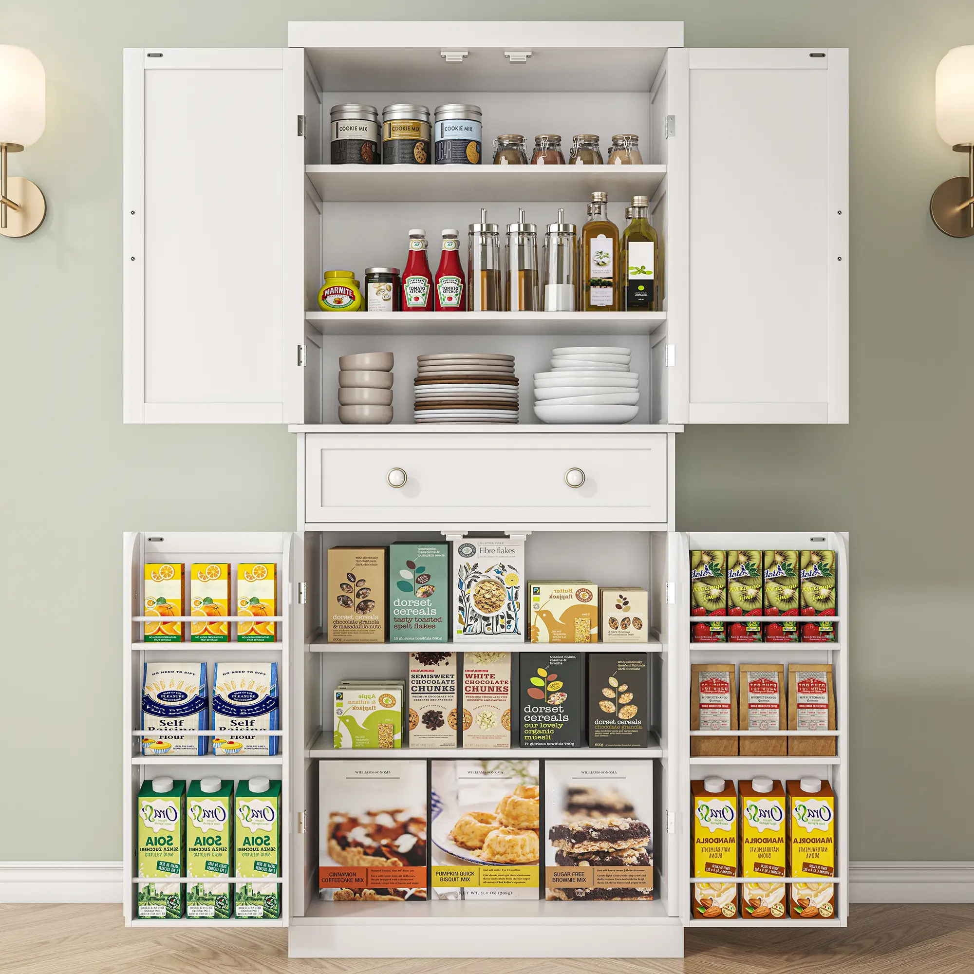 72” Pantry Cabinets, Tall Kitchen Pantry Cabinet with Drawer and Adjustable Shelves, Buffet Cupboards Kitchen Pantry Storage Cabinet for Kitchen, Living Room, Dining Room Use