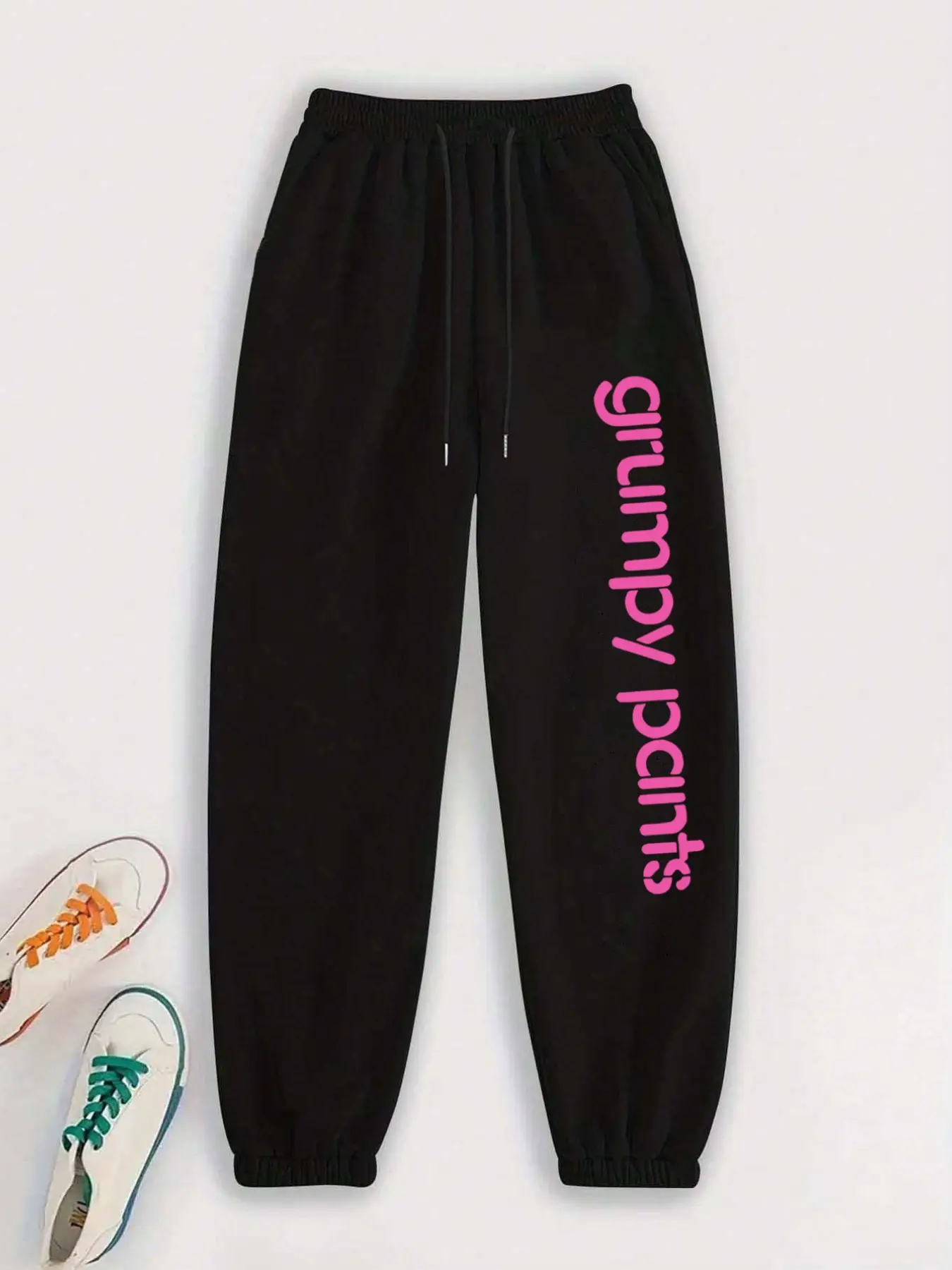 Women's Casual Sporty Long Pants, Letter Pattern Print, Drawstring Ankle Cuff, Loose-Fitting, All Seasons Wear, Fashionable Ladies' Trousers, Drawstring Loose Sweatpants