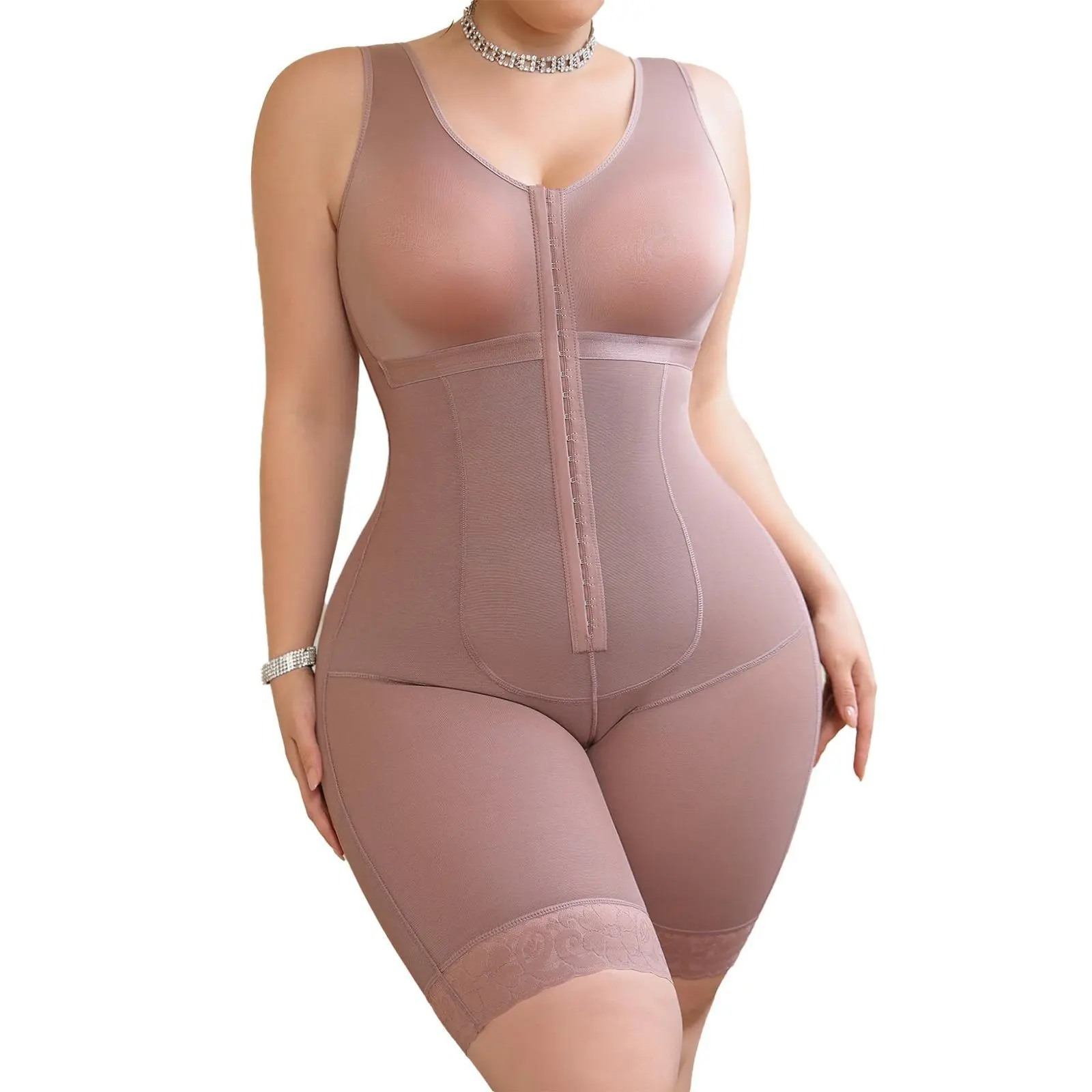 Women's Tummy Control Shapewear Bodysuit, Waist Trainer & Butt Lifter, 3-Row Hook-and-Eye Closure, Wide Straps, Open Crotch, Breathable Stretch Fabric