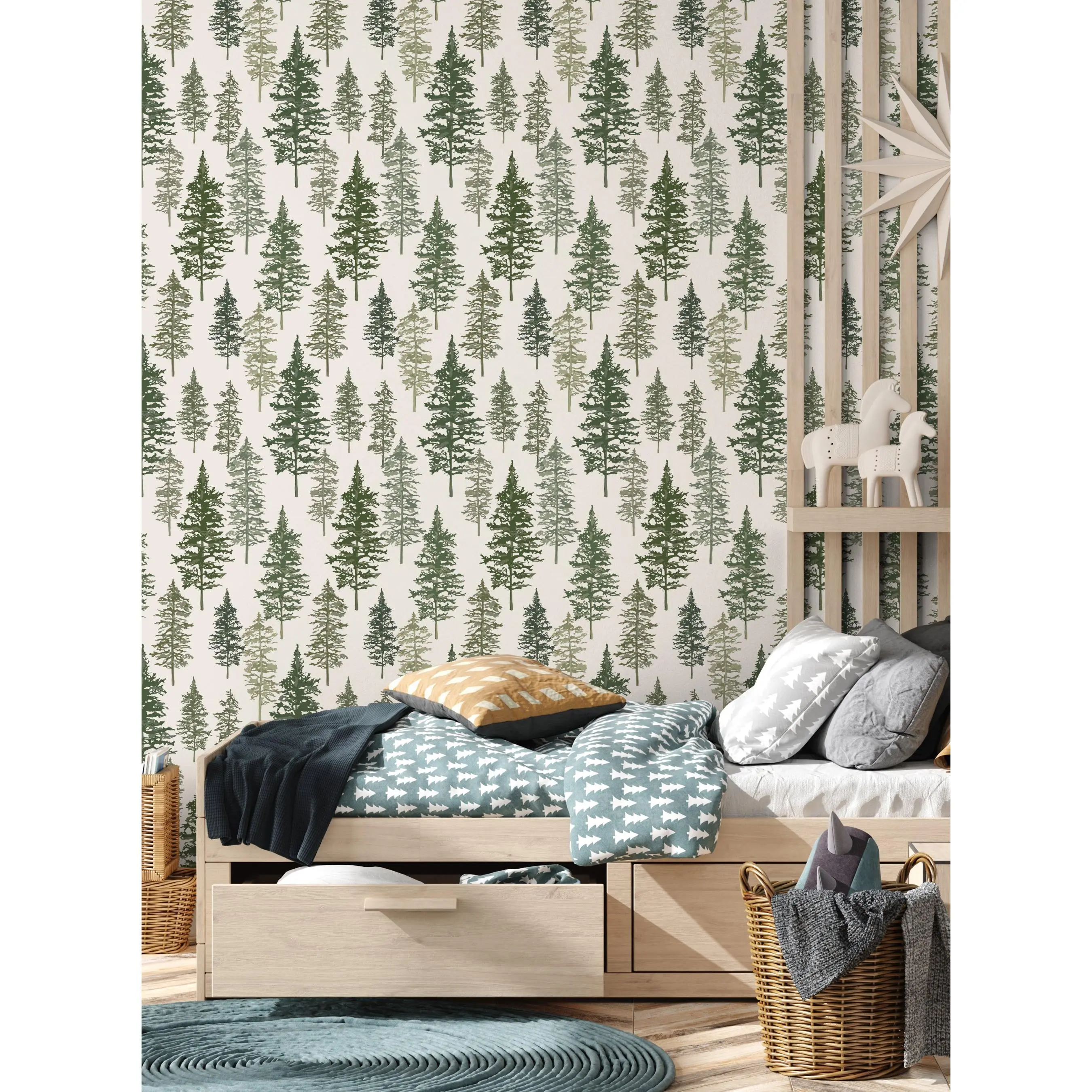 Illustrated Evergreen Forest Peel and Stick Wallpaper, Stick on Adhesive Accent Wall Wallpaper for Adding Unique Forest Accent, Adhesive Wallpaper, Accent Any Season
