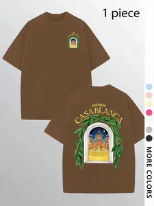 Men's Casual Loose-Fitting Short Sleeve T-Shirt with Casablanca Palace Print, Comfortable Round Neck Tee for Outdoor & Gym, Stylish Summer Essential