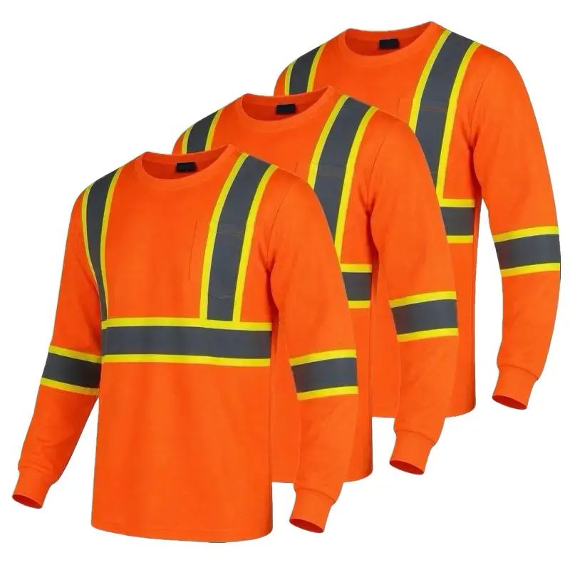 3 PACK SHIRT High Visibility Long Sleeve Construction Shirts Orange Reflective Safety Workwear