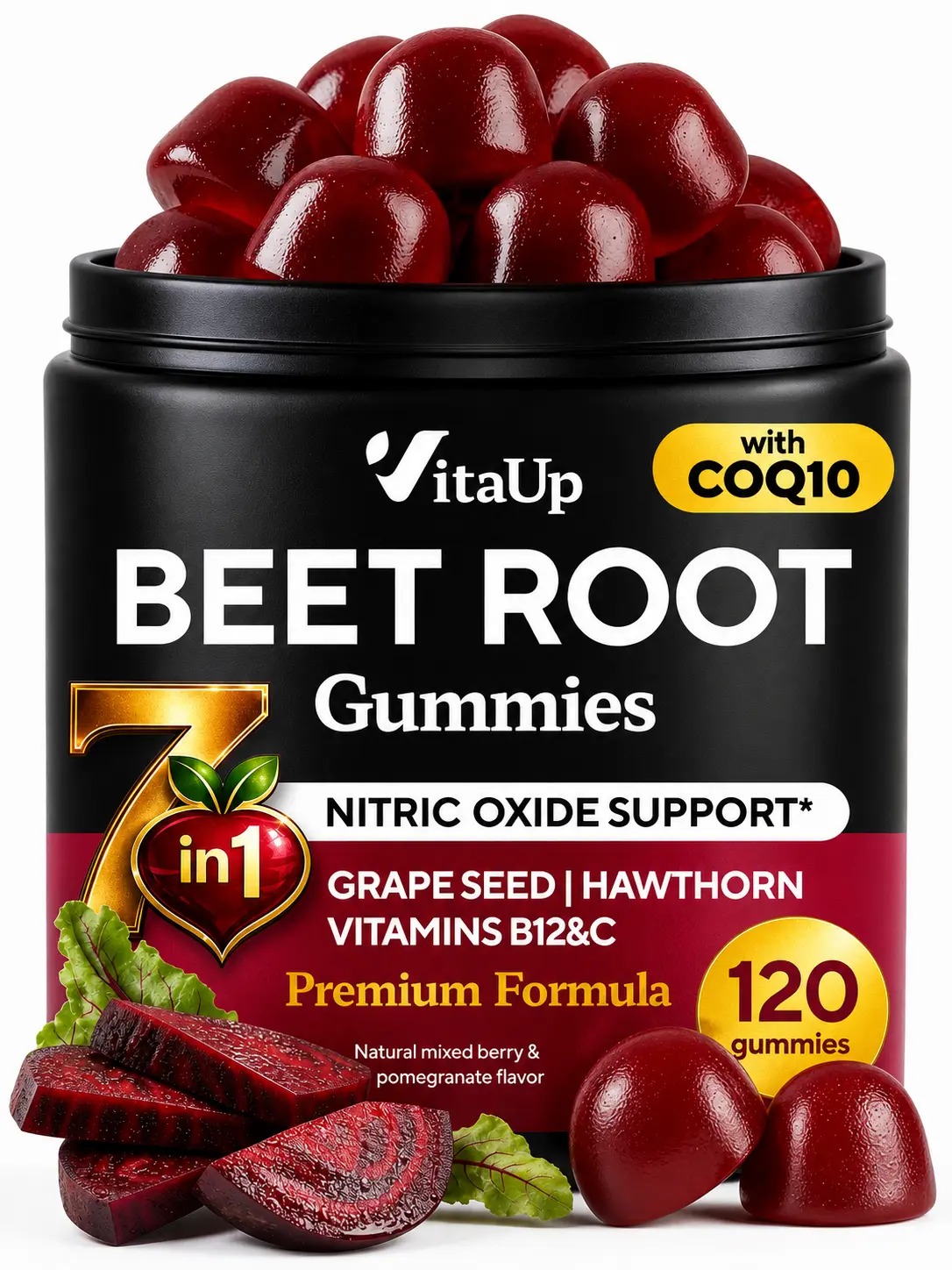 VitaUp Beet Root Gummies 7 in 1 - Nitric Oxide Gummies with Beet Root, Grape Seed, Coq10, Vitamin C & B12 for Heart & Energy Support – 120 Count