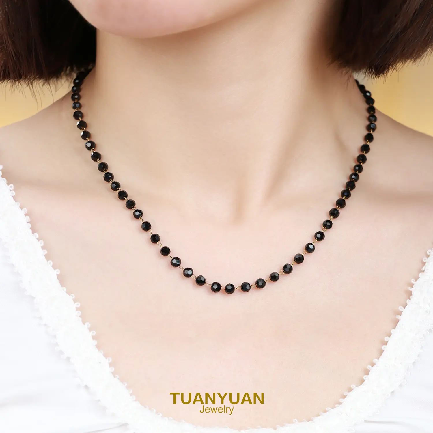 Dainty Faceted Black Bead Choker, 18K Gold Plated Adjustable Necklace 40cm+5cm Extender Minimalist Crystal Necklace Gift For Her