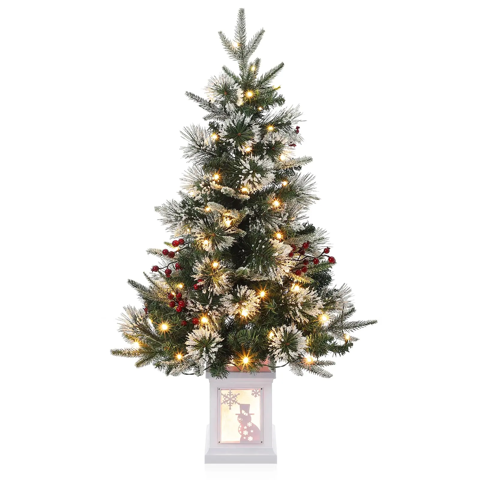 Artificial Christmas Tree 90cm with 78 Lights, Snow Flocked Artificial Christmas Tree Battery Operated Pre-lit Premium with Red Berries Christmas Decoration for Home, Office, White Base,Snowman