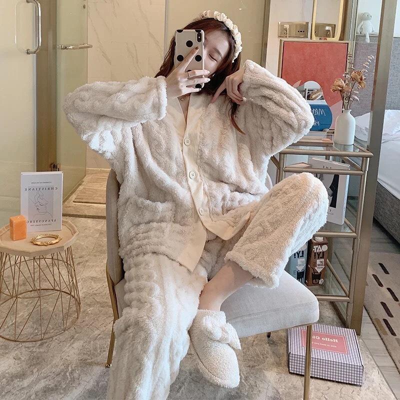 Autumn/winter Season High-end Coral Fleece Pajama Set Women's Long Sleeve Loose-fit Thickened Warm Suit