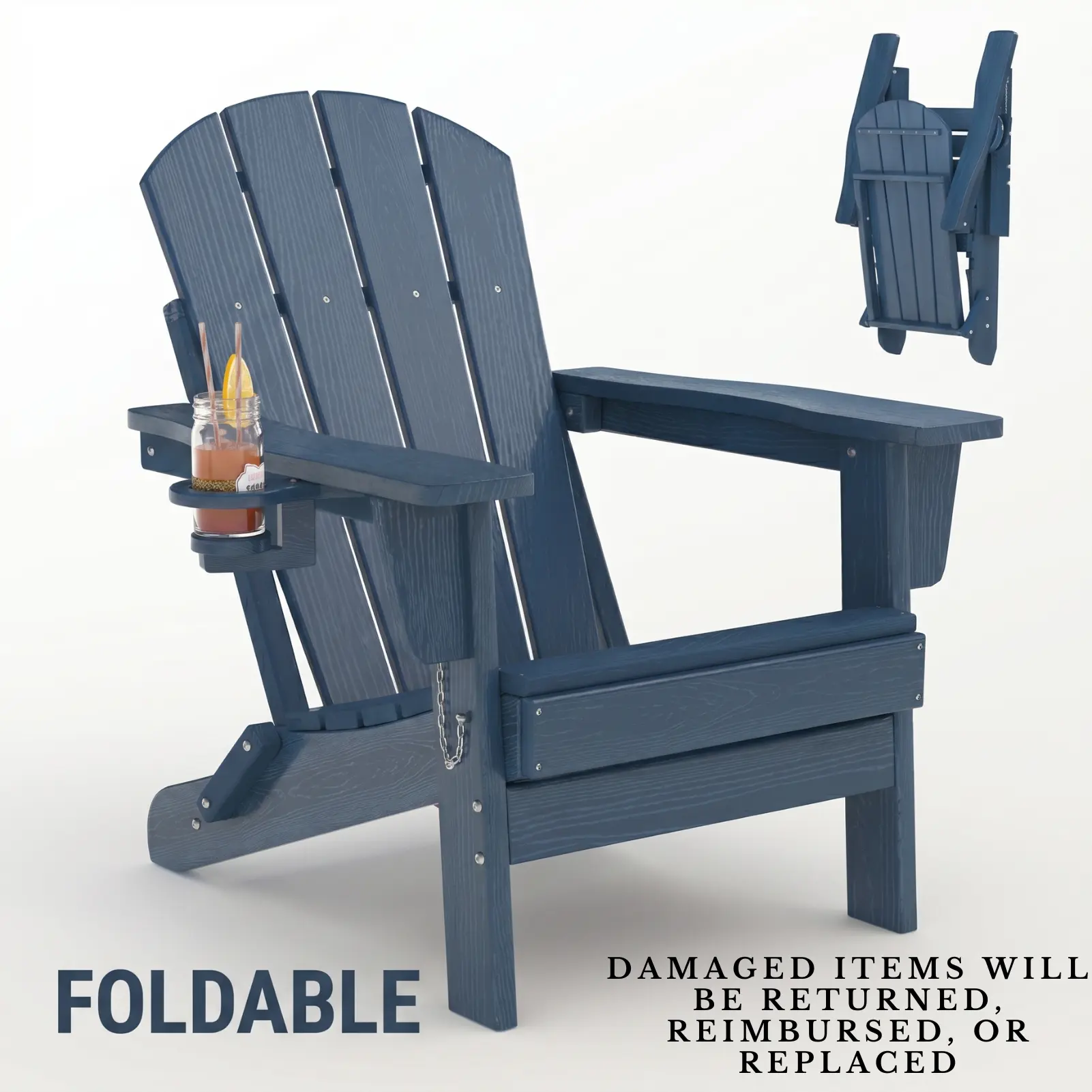 【Summer Sale】Folding Adirondack Patio Chair - All-Weather HDPE Outdoor Chair with Wooden Texture & Cup Holder, Weather Resistant Lawn Chair for Garden, Deck, Fire Pit