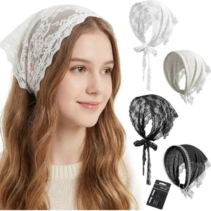 4 Pack Lace Bandanas Head Scarf for Women, White Hair Scarf Bandana for Wedding Bridal Headband Kerchief Spring Summer Hair Accessories