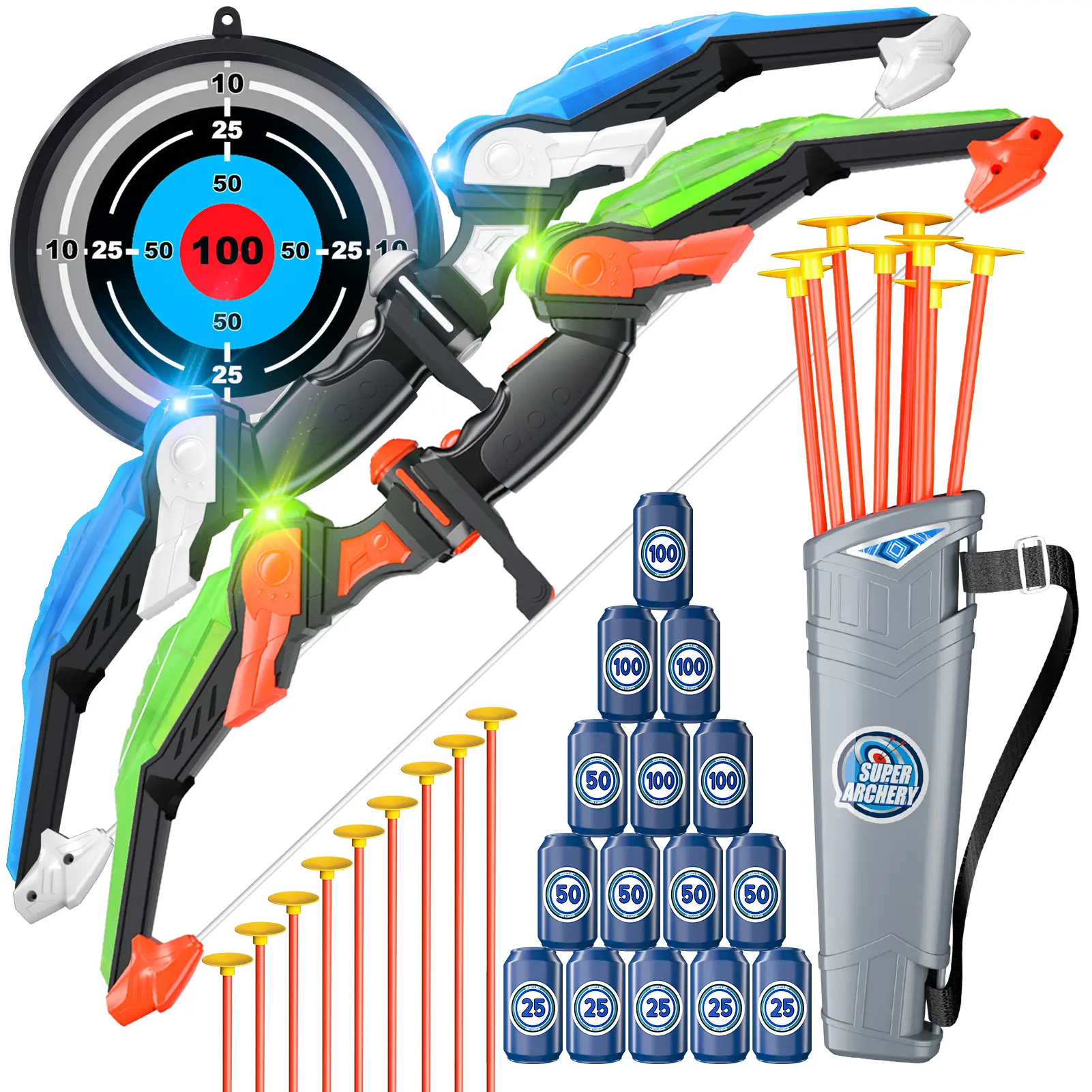 LED Light Up Archery Role Play Toy Set with Bow and Arrows Target and Quiver for Indoor Outdoor Backyard Playroom Wall Practice Game Birthday Holiday Gift toy kid gifts parent-child