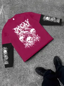 Men's High Street Hip-Hop Dark Style Print T-Shirt, Casual Long Sleeve Fitted Tee, Trendy Daily Wear, Geometric Pattern