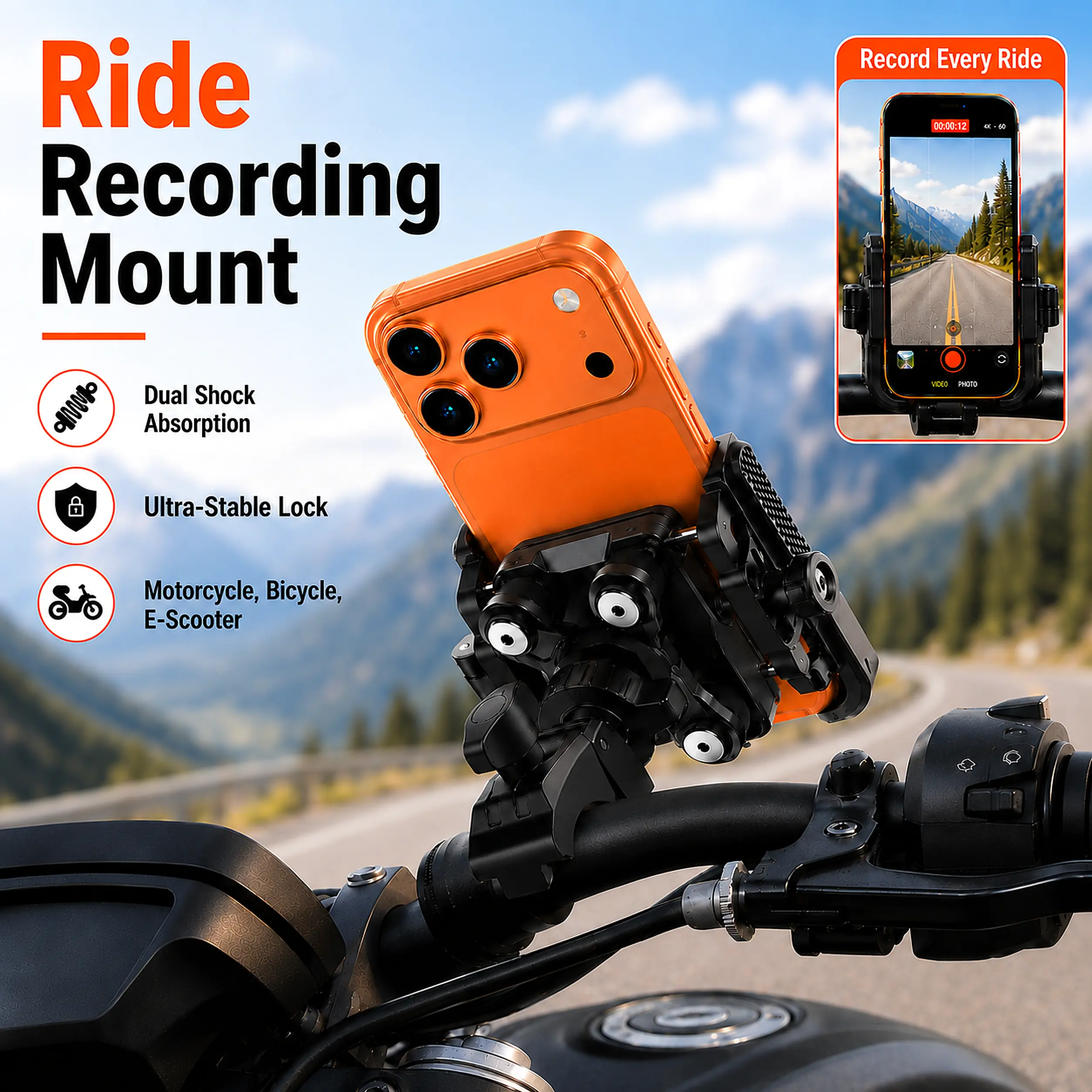 Lamicall Motorcycle Smartphone Mount Accessory - Dual Anti-Vibration Shock Absorber, Full Protection, 360° Secure Holder, Handheld Stand for iPhone 17 Pro/16/15/14/13, 4.7-6.7in Camera Cellphones