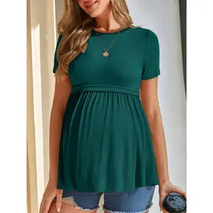 Women's Maternity Black Crew Neck Short Sleeve Top - Summer Casual Sportswear, Maternity Clothing
