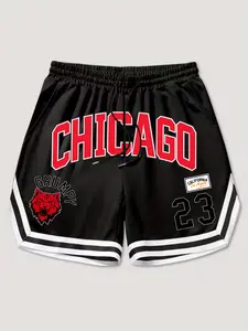 Men's 'Chicago' Urban Theme Black-Red Drawstring Basketball Athletic Shorts, Retro Sports Streetwear, Trendy Outfit with City Print, Comfortable Light Fabric, Versatile for Sports, Errands & Hangouts, Ideal for Modern Fashion-Forward Wardrobes