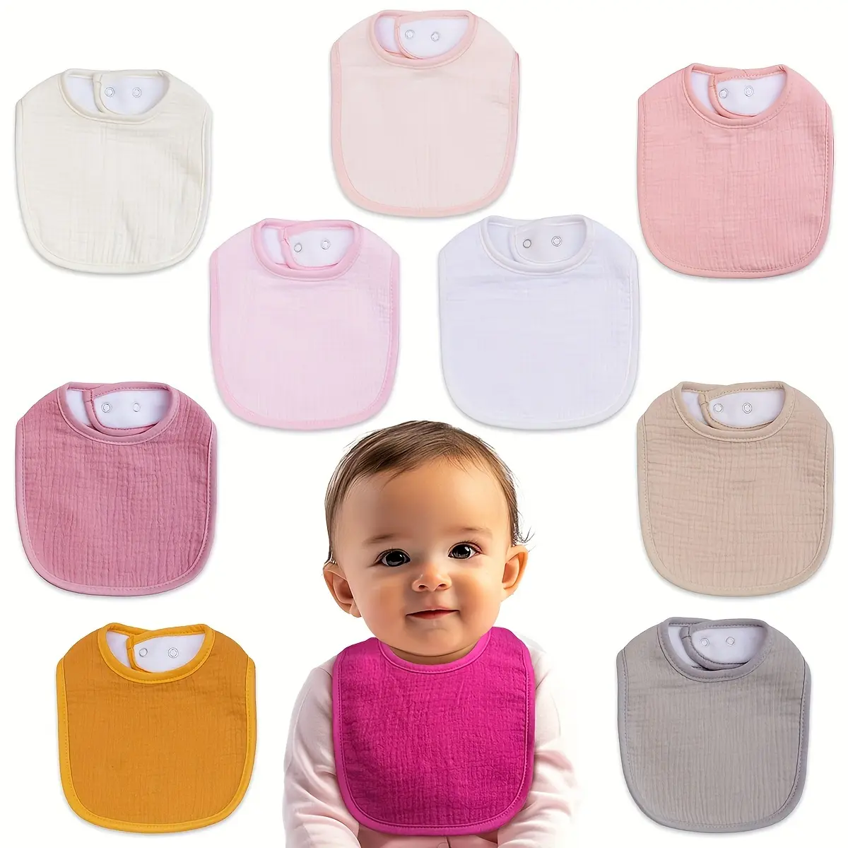 10 Pack Muslin Baby Bibs – Soft Plain Weave Gauze Bibs, Absorbent & Breathable with Adjustable Snap, Multicolor Unisex Bibs for Boys & Girls, Infant Essentials bibs muslin Organic Cotton Set