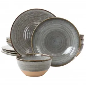 212 MAIN Dreamweaver 12-Piece Earthenware Round Dinnerware Set, Grey - Textured Surface, Natural Look, Dishwasher-Safe, Includes Cutlery and Dishes