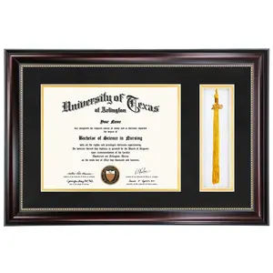 GraduationMall 11x17 Mahogany Diploma Frame with Tassel Holder for 8.5x11 Certificate Real Glass Black over Gold Mat Home Office Decor Gift - Photo