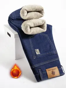 Men's Fleece Lined Denim Jeans, Winter Loose Straight Leg Warm Pants, Thickened Thermal Comfortable Men's Clothing