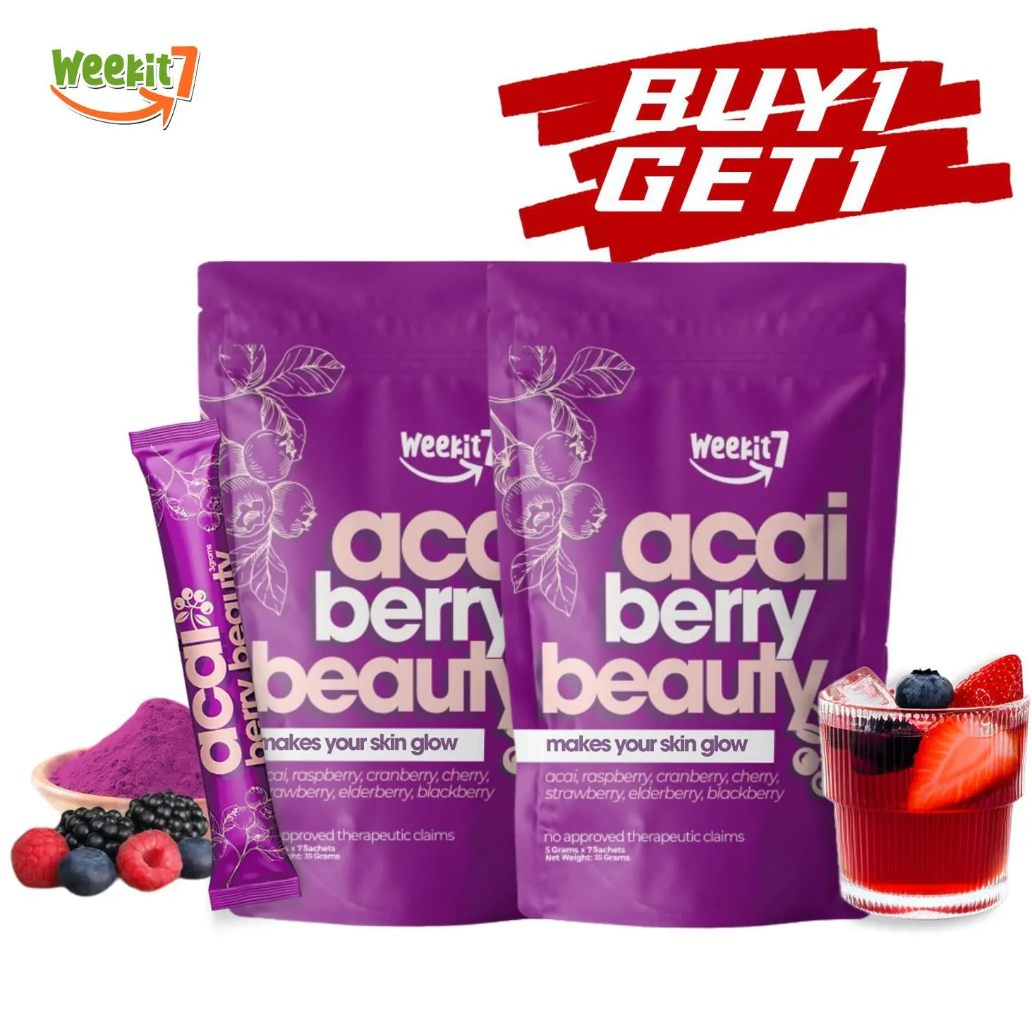 【Buy 1 Take 1】WeeKit7 Organic 7-in-1 Mixed Berries Edible Powder - Acai, Raspberry, Strawberry, Cranberry, Cherry, Blackberry, Elderberry - Fiber-Rich Dietary Supplement for Adults, No Preservatives, Skin & Female Health Support, Buy 1 Get 1 Free Product,