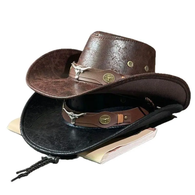 Unisex Adjustable Western Cowboy Hat - Adjustable Fit Hat, Cracked Cow Head Vintage Design, Concave Top, Black Interior, Decorative Strap, Western Accessories, Ideal for Travelers, Driving/OOTD, Cowgirl Fashion, Adjustable Cap, Cowboy Stuff