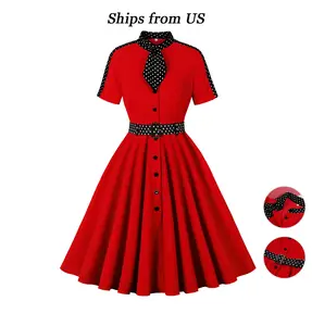 Vintage 1950s Red Dress Polka Dot Tie Neck Short Sleeve Waist Defining A Line Swing Skirt Elegant Party Date Night Retro Fashion For Women Formal Belt Womenswear Breathable