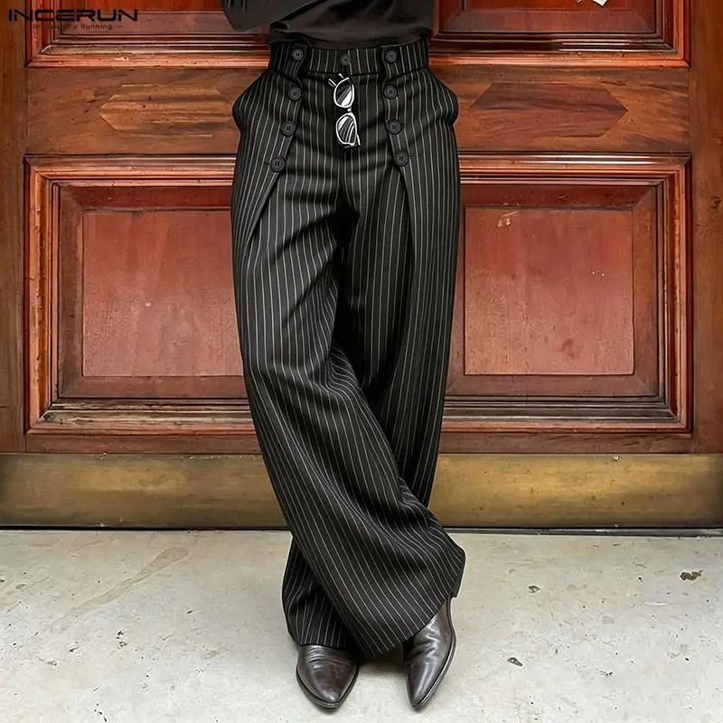 INCERUN Men's High-Waist Pinstripe Double-Breasted Wide-Leg Pants with Button Accents, Dark Academia Retro Menswear Bottoms, Striped, Retro Style