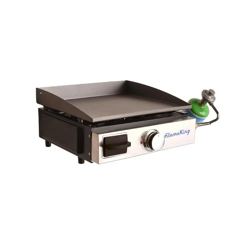 Flame King Portable Propane Flat Top Grill Griddle, 12,000 BTU Tabletop Cast Iron Cooking Station w/ Non-Stick Surface, Grease Cup