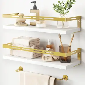 Wall-Mounted Floating Bathroom Shelf with Towel Bar, Classic Paulownia Wood Space-Saving Bathroom Decor, Pre-Assembled Organizer for Over Toilet, Bedroom (White-Gold)