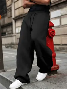 Men's Loose-Fit Wide-Leg Pants with Drawstring Detail, Solid Color Casual Long Joggers for Spring & Fall, Perfect for Daily Wear