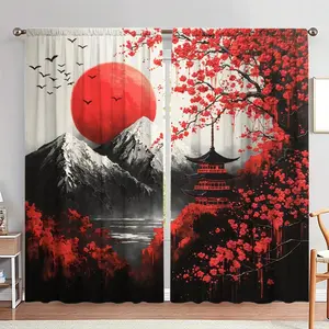 Japanese Style Traditional Design Red Moon & Cherry Blossom Pattern Door Curtain, 1 Set Japanese Style Door Curtain, Home Decor for Living Room Bedroom