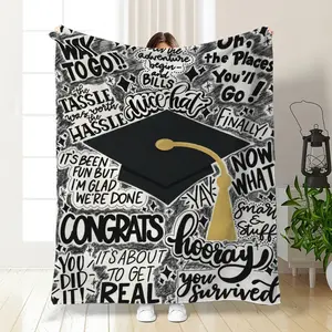 Grad Cap Graffiti Style Throw Blanket - White Background with Bold Black-White Graduation Quote, Central Cap & Tassel Graphic, Playful Phrases, Cozy Soft, Perfect Funny Graduation Gift for Grads