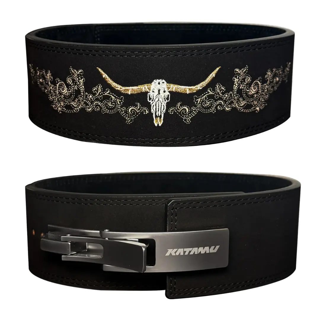 KATAMU Desert Skull 10mm Lever Lifting Belt, Western Style PU Leather with Skull Motif for Heavy Lifts & Powerlifting, Unisex