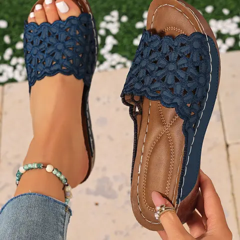 Women's Hollow Out Embroidered Flower Wedge Sandals, Bohemian Style Soft Sole Anti-Slip Outdoor Slippers, New 2026 Model, Fancy Sandals