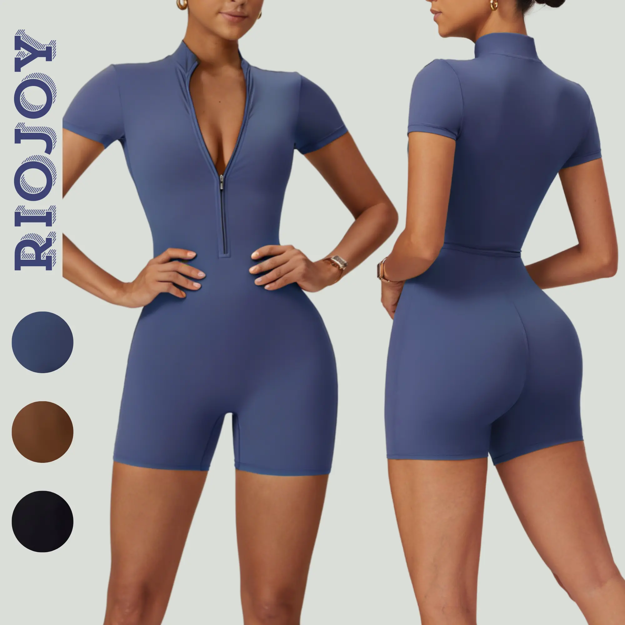 RIOJOY Women's Half Zip Short Sleeve Workout Romper, Half Placket Mock Neck Jumpsuit Stretchy Non-See-Through One Piece Jumpsuit, Tummy Control Athletic Gym Jumpsuit for Active  Casual Wear