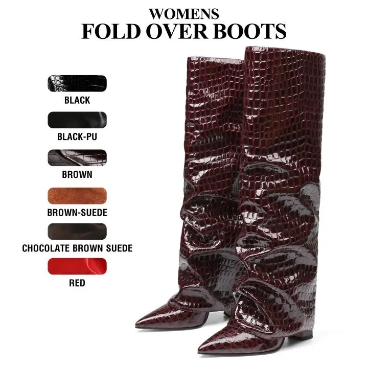 CYNLLIO Knee High Boots for Women Elegant Pointed Toe Chunky Block Heel Fold Over Slouchy Boot Pull On Trendy Fashionable Tall Shark Boot Spring Shoes for Women