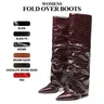 CYNLLIO Knee High Boots for Women Elegant Pointed Toe Chunky Block Heel Fold Over Slouchy Boot Pull On Trendy Fashionable Tall Shark Boot Spring Shoes for Women