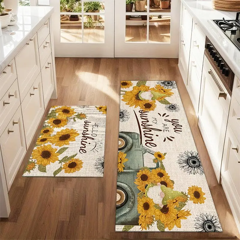 2Pcs Summer Sunflower Dwarf Car Floor Mat Set Abstract Art Sketched Printed Carpet Farmhouse Anti Fatigue Kitchen Carpet Anti Slip Washable Kitchen Restaurant Floor Sink Laundry Room Decoration Carpet Mat Farmhouse Kitchen Rugs