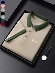 Men's High-End Collar Colorblock Golf Tournament Polo Shirt, Golf Sport Outdoor Short Sleeve, Casual Fitted Letter Print Pringle