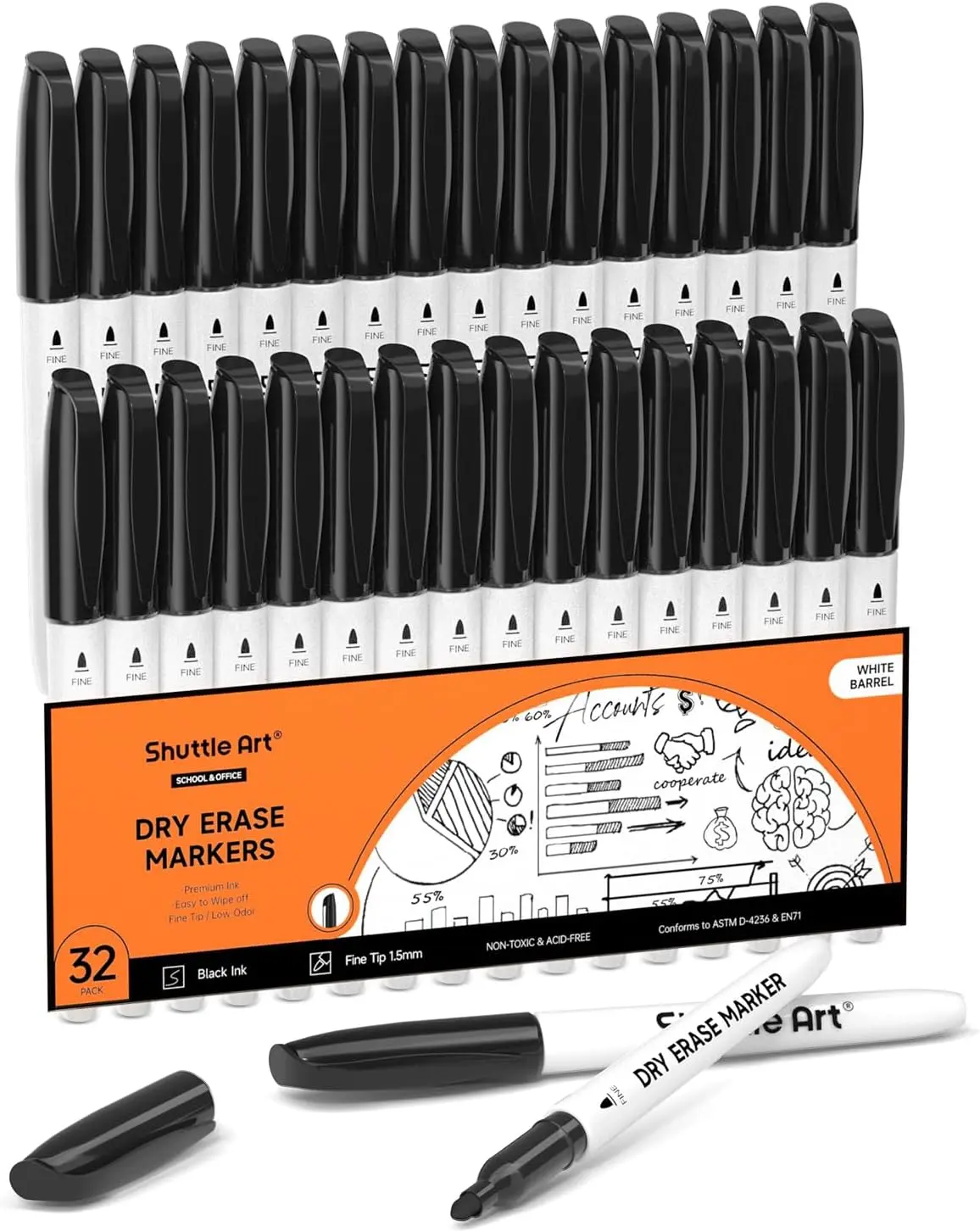 Shuttle Art Dry Erase Markers, 16/32 Pack Black Whiteboard Markers,Fine Tip Dry Erase Markers for Students,Perfect for Writing on Whiteboards, Dry-Erase Boards,Mirror,Calender,School Office Supplies