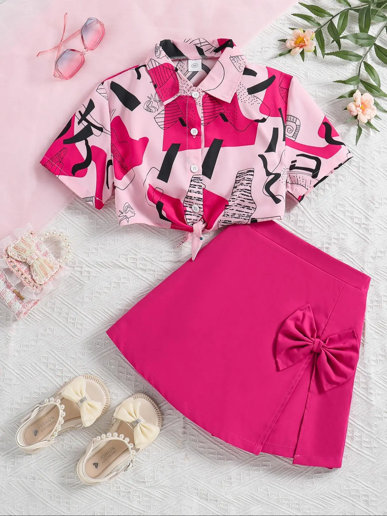 Two-piece Set Girl's Graphic Print Button Shirt & Bow Decor Skort, Elegant Fashion Casual Outfits for Daily Outdoor Wear, Kids Clothing for Summer